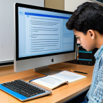 A diligent electrical engineering student, fully clothed in modest, professional-casual attire, is intently focused on a laptop screen in a modern, well-lit study room. The screen displays an organized digital interface showcasing restored past electrical engineering exam questions and interactive study tools. A few neatly stacked textbooks and a cup of tea are on the clean, wooden desk. The student is depicted in a natural pose, deeply concentrating on the material. This image conveys efficient, structured preparation for academic success. Perfect anatomy, correct proportions, well-formed hands, proper finger count, natural body proportions. Safe for work, appropriate content, fully clothed, professional photography, high quality.