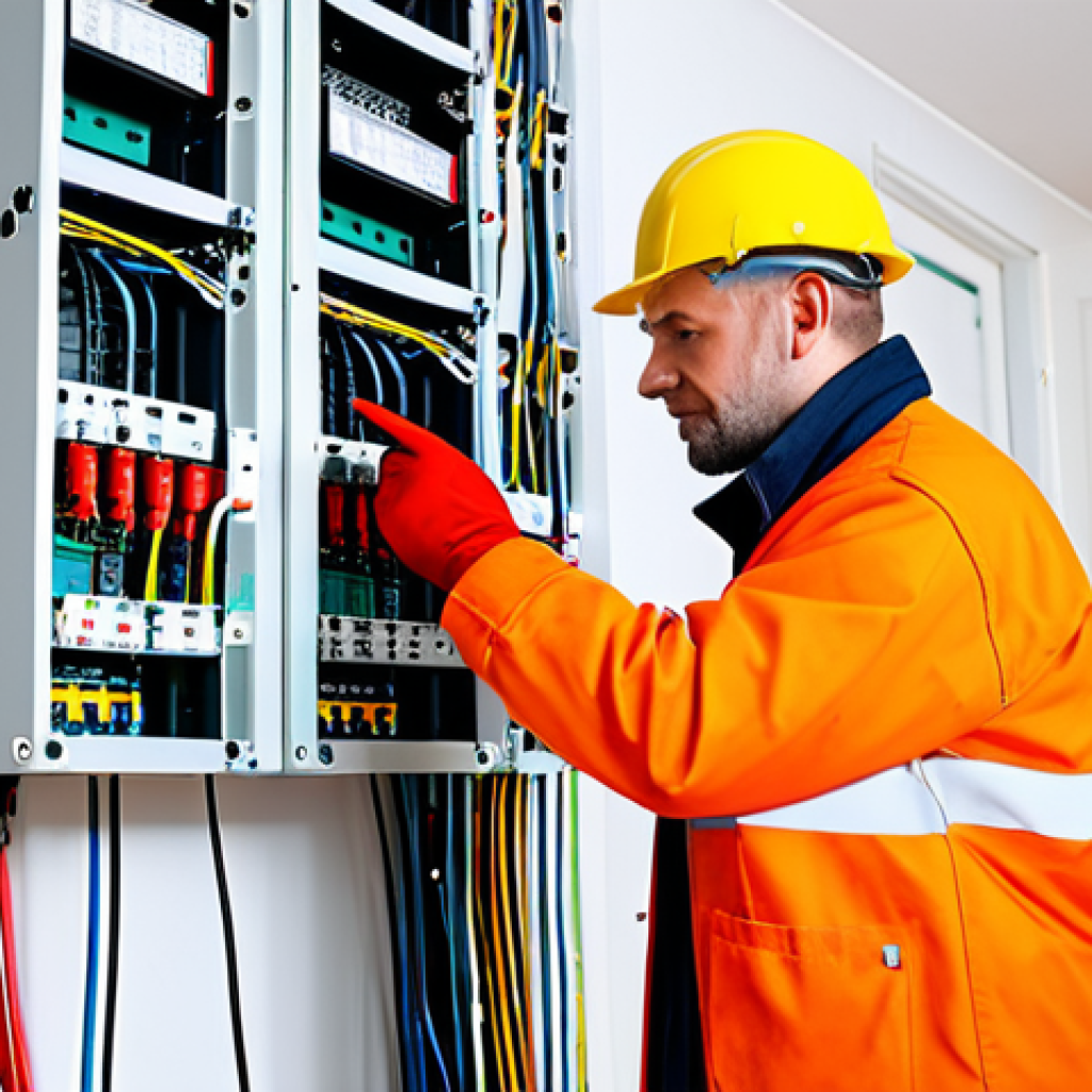 **

"A professional electrician, fully clothed in appropriate work attire and safety gloves, inspecting electrical wiring in a residential setting. The wiring is neatly organized and color-coded. Emphasis on safety and precision. Bright, well-lit scene. Safe for work, appropriate content, fully clothed, professional. Perfect anatomy, correct proportions, natural pose, well-formed hands, proper finger count, natural body proportions, high quality."

**