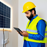 **

A Pakistani electrician, fully clothed in appropriate work attire (shalwar kameez and safety vest), inspecting LED lights in a modern, energy-efficient home in Karachi. Safe for work, appropriate content, modest, professional. The electrician is using digital tools and a tablet to monitor energy usage. Perfect anatomy, correct proportions, natural pose, well-formed hands, proper finger count, natural body proportions. High quality, professional photography.

**