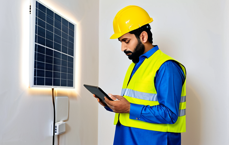 **

A Pakistani electrician, fully clothed in appropriate work attire (shalwar kameez and safety vest), inspecting LED lights in a modern, energy-efficient home in Karachi. Safe for work, appropriate content, modest, professional. The electrician is using digital tools and a tablet to monitor energy usage. Perfect anatomy, correct proportions, natural pose, well-formed hands, proper finger count, natural body proportions. High quality, professional photography.

**